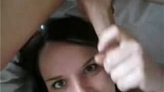 Sexy babe gives reverse handjob and swallows porn video